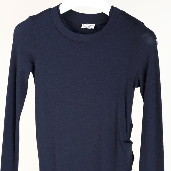 Brunello Cucinelli Navy Wool Ruched Long-Sleeve Bubble Hem Knit Dress - Picture 3 of 12